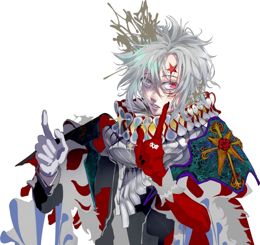 1boy, absurdres, allen_walker, armor, black_coat, cloak, coat, colored_extremities, crown, d.gray-man, facial_mark, gloves, grey_eyes, hair_between_eyes, heterochromia, highres, imadog_sowhat, looking_to_the_side, messy_hair, mini_crown, neck_ruff, neckerchief, parted_lips, pointing, pointing_up, red_eyes, scar, scar_on_face, short_hair, shoulder_armor, sidelocks, simple_background, single_glove, solo, sparkle, star_(symbol), star_facial_mark, striped_coat, vertical-striped_coat, white_background, white_cloak, white_gloves, white_hair, white_neckerchief, wide_sleeves