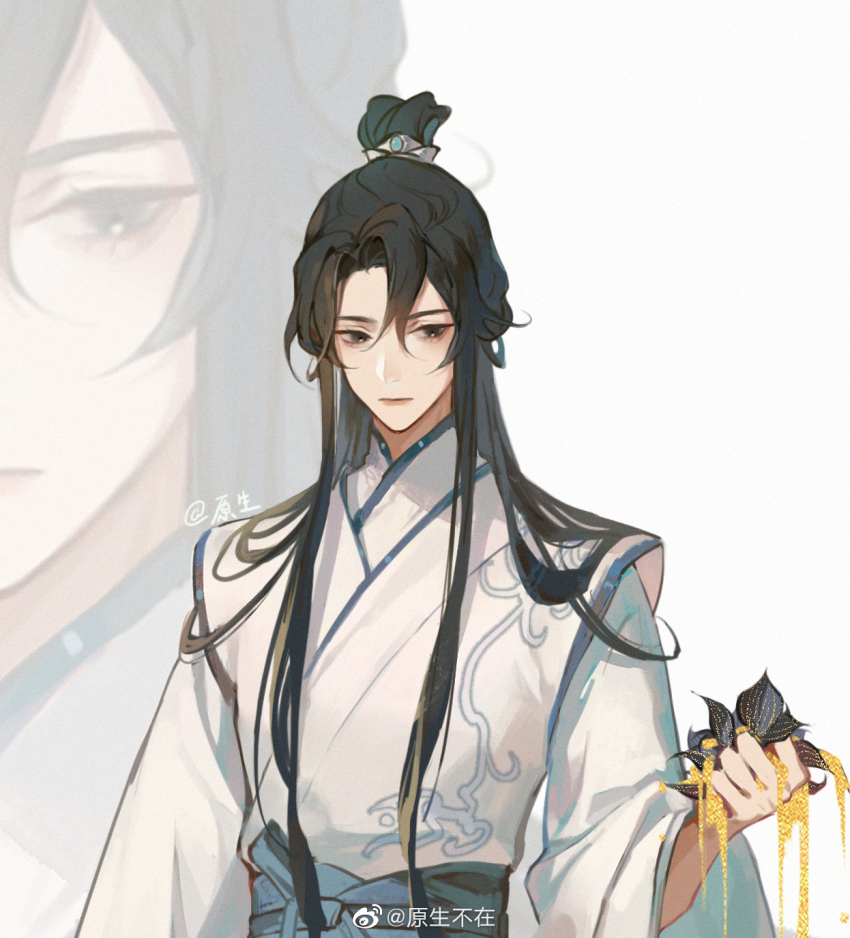 1boy, black_eyes, black_hair, blue_sash, chinese_clothes, chinese_commentary, closed_mouth, dripping