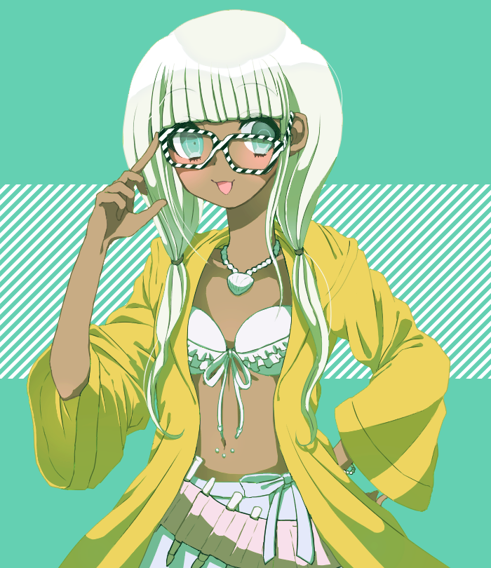 1girl, :3, adjusting_eyewear, bikini, bikini_top_only, blue_eyes, blunt_bangs, blush