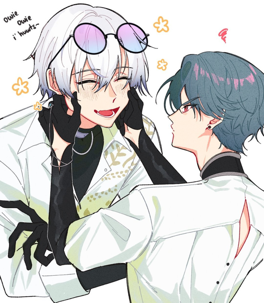 2boys, :d, ^_^, angry, back_cutout, black-framed_eyewear, black_gloves, black_sweater