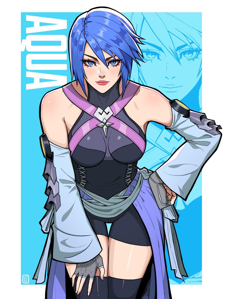 1girl, aqua_(kingdom_hearts), bare_shoulders, black_thighhighs, blue_background, blue_eyes, blue_hair, breasts