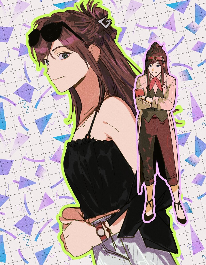 1girl, absurdres, ace_attorney, alternate_costume, apollo_justice:_ace_attorney, armband, bare_shoulders, black_shirt, black_shoes, blue_eyes, brown_hair, brown_pants, closed_mouth, coat, collared_shirt, crossed_arms, ema_skye, eyewear_on_head, film_grain, full_body, green_outline, green_vest, half_updo, highres, jewelry, karintou, lab_coat, lapels, long_hair, looking_at_viewer, multiple_views, neckerchief, necklace, notched_lapels, open_clothes, open_coat, ottehare, outline, pants, pink_armband, pink_neckerchief, purple_outline, shirt, shoes, smile, sunglasses, tinted_eyewear, vest, watch, white_coat, white_pants, white_shirt, wing_collar, wristwatch
