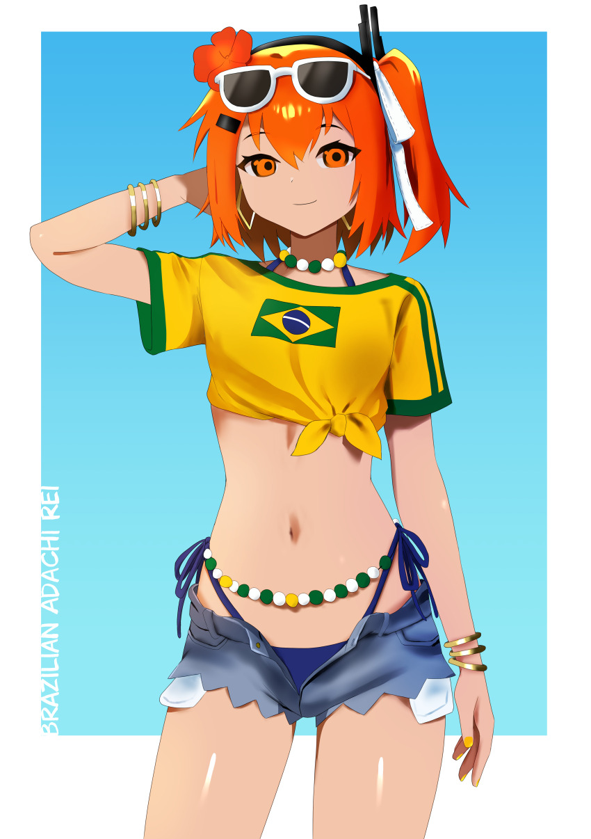 1girl, a.i._voice, absurdres, adachi_rei, alternate_skin_color, arm_behind_head, bead_choker, beads, blue_background, border, bracelet, brazilian_flag, brazilian_flag_print, brazilian_miku, brazilian_miku_(cosplay), closed_mouth, commentary, cosplay, crop_top, dark-skinned_female, dark_skin, denim, denim_shorts, earrings, english_commentary, eyewear_on_head, flag_print, flower, gradient_background, green_trim, hair_flower, hair_ornament, hair_ribbon, hairclip, hatsune_miku, headset, highland, highres, jewelry, looking_at_viewer, lowleg, lowleg_shorts, medium_hair, midriff, multiple_bracelets, navel, one_side_up, open_fly, orange_eyes, orange_flower, orange_hair, radio_antenna, rectangular_earrings, ribbon, shirt, short_sleeves, shorts, smile, solo, sunglasses, tan, thighs, tied_shirt, utau, white-framed_eyewear, white_border, white_ribbon, yellow_nails, yellow_shirt