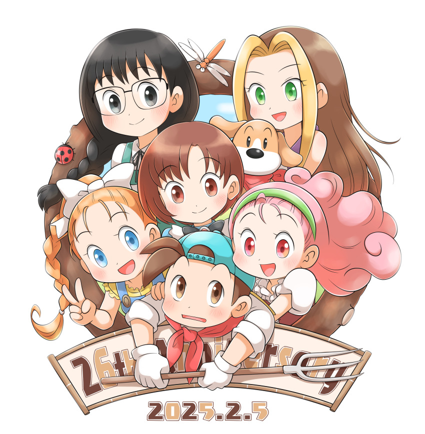 1boy, 5girls, :d, absurdres, anniversary, aogaeru_(pixiv46613656), backwards_hat, baseball_cap, black_eyes, black_hair, blonde_hair, blue_eyes, bokujou_monogatari, bokujou_monogatari_2, bow, braid, brown_eyes, brown_hair, bug, dated, dog, dragonfly, elli_(bokujou_monogatari), floating_hair, gloves, green_eyes, green_hairband, hair_bow, hairband, hat, highres, holding, insect, karen_(bokujou_monogatari), ladybug, long_hair, looking_at_another, maria_(bokujou_monogatari), multicolored_hair, multiple_girls, open_mouth, orange_hair, pete_(bokujou_monogatari), pink_eyes, pink_hair, popuri_(bokujou_monogatari), ran_(bokujou_monogatari), short_hair, smile, two-tone_hair, v, white_background, white_bow, white_gloves