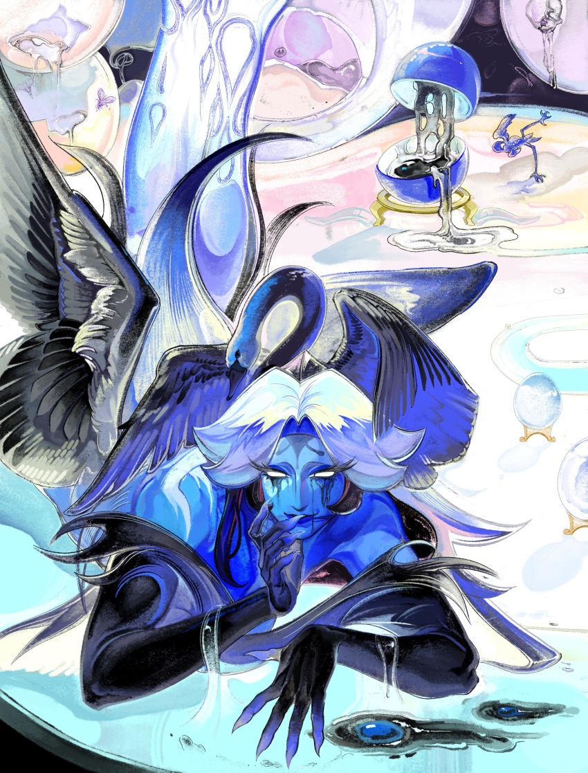 1girl, absurdres, bird, black_sugar_swan_cookie, blue_skin, breasts, cleavage, colored_skin