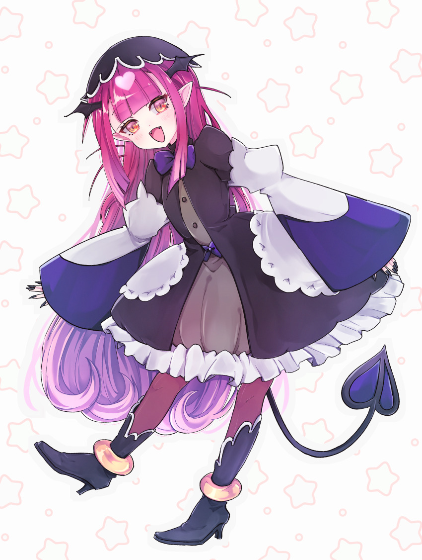 1girl, 3_(8315684), absurdres, arms_at_sides, black_boots, black_dress, black_hat, black_nails, blush, boots, bow, bowtie, child, demon_girl, demon_tail, dress, eyebrows, eyelashes, fangs, female_focus, fingernails, flat_chest, frilled_dress, frills, full_body, gothic_lolita, grey_dress, hat, high_heel_boots, high_heels, highres, leaning_to_the_side, lolita_fashion, long_fingernails, long_hair, looking_at_viewer, maou-jou_de_oyasumi, multicolored_dress, nail_polish, open_mouth, pointy_ears, purple_bow, purple_bowtie, purple_dress, purple_hair, purple_thighhighs, simple_background, smile, solo, standing, succyun, tail, thighhighs, very_long_hair, white_background, white_dress, yellow_eyes