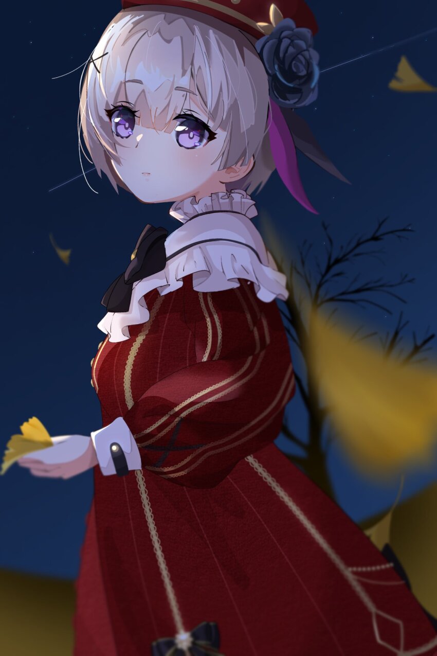 1girl, ahoge, dress, flower, grey_hair, hair_flower, hair_ornament, hat, heaven_burns_red, highres, long_sleeves, minase_sumomo, minase_sumomo_(precious_smile), night, official_alternate_costume, red_dress, red_hat, rose, short_hair, solo, vbds