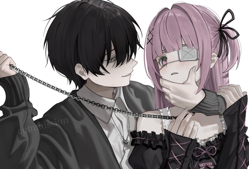 1boy, 1girl, akanei6no_sora, bare_shoulders, black_hair, black_ribbon, blunt_bangs, blush