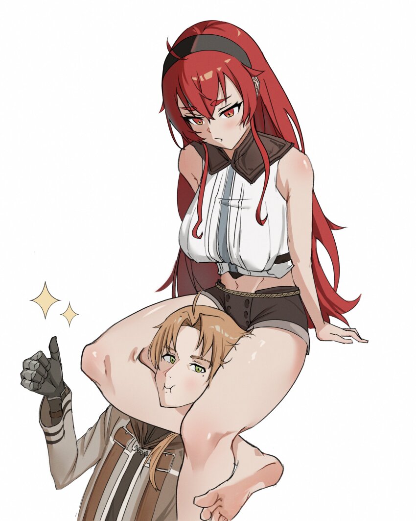 1boy, 1girl, absurdres, barefoot, between_legs, blush, brown_hair, couple