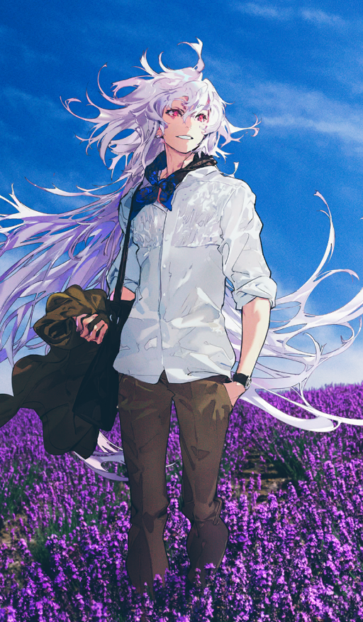 1boy, bag, bandana, bandana_around_neck, black_bag, blue_bandana, blue_sky, brown_jacket