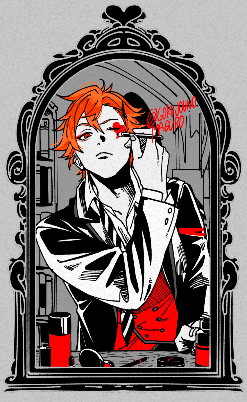 1boy, absurdres, ace_trappola, applying_makeup, applying_own_makeup, armband, blazer, bookshelf