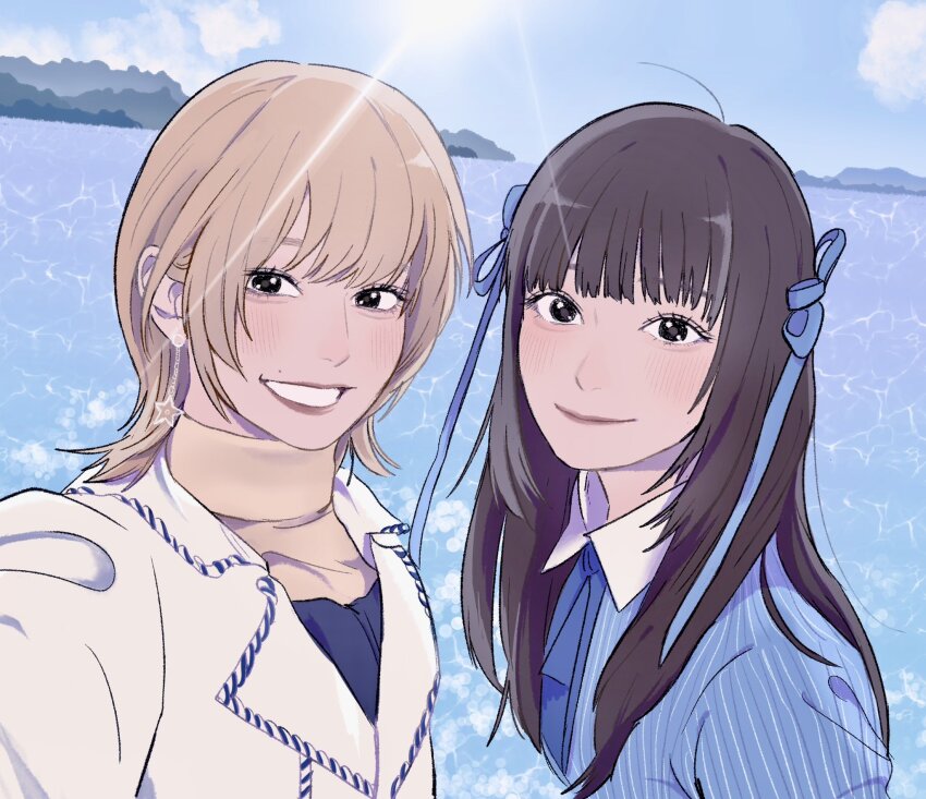 2girls, aegyo_sal, bang_dream!, bang_dream!_it's_mygo!!!!!, blonde_hair, brown_hair, earrings, hair_ribbon, highres, jewelry, light_rays, multiple_girls, ocean, real_life, ribbon, sasaki_rico_(voice_actor), smile, sunbeam, sunlight, takao_kanon, voice_actor, youshuki