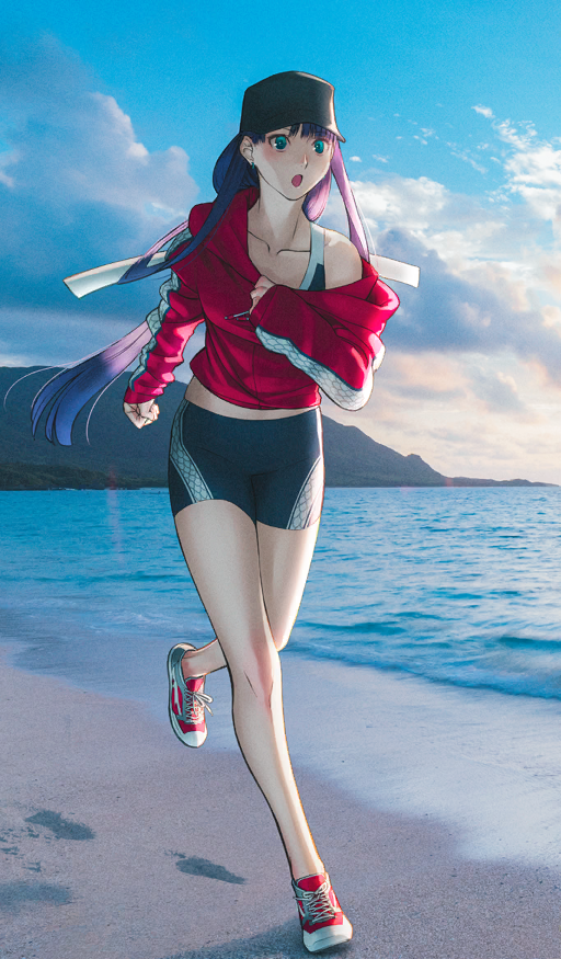 1girl, bare_legs, baseball_cap, beach, black_hat, black_shorts, blue_eyes, blue_sky
