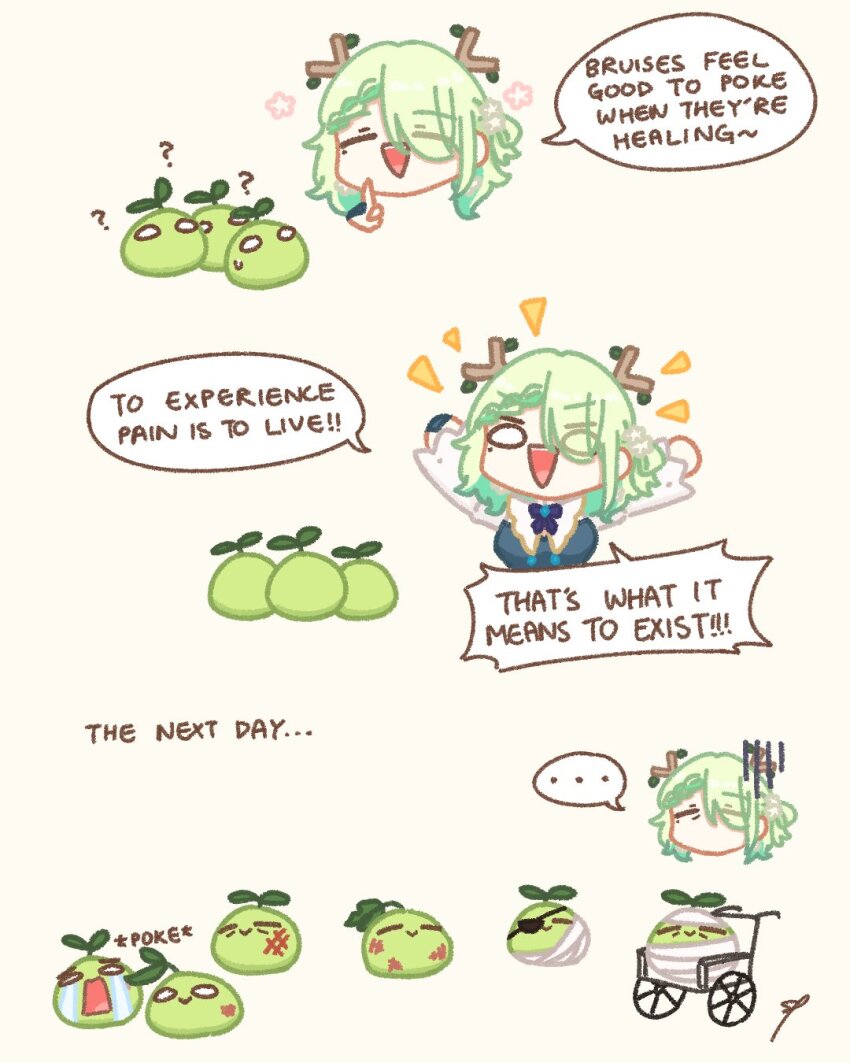 1girl, :>, =_=, ?, ^_^, arms_up, bandages, branch, ceres_fauna, ceres_fauna_(1st_costume), closed_eyes, english_text, eyepatch, gloom_(expression), green_hair, hair_over_one_eye, highres, hololive, hololive_english, injury, long_hair, mole, mole_under_eye, open_mouth, sapling_(ceres_fauna), sappysque, smile, tears, virtual_youtuber, wheelchair