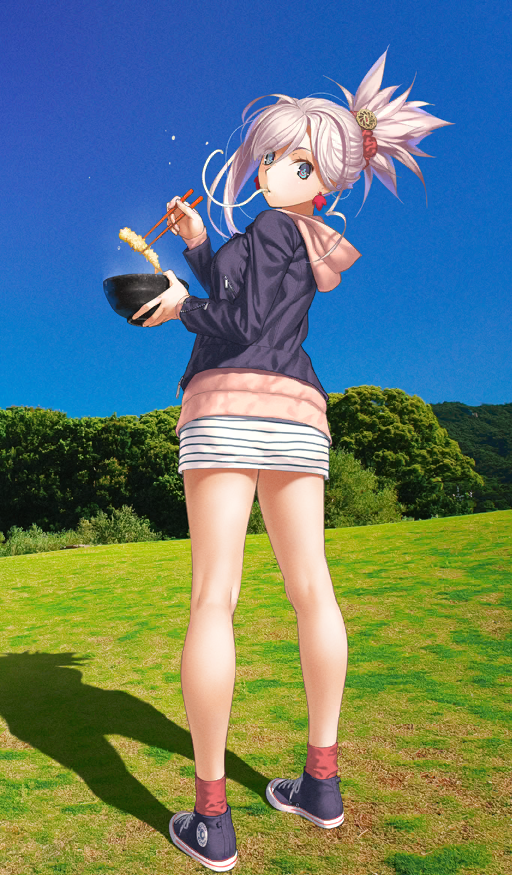 1girl, bare_legs, black_jacket, black_shoes, blue_eyes, blue_sky, bowl, breasts