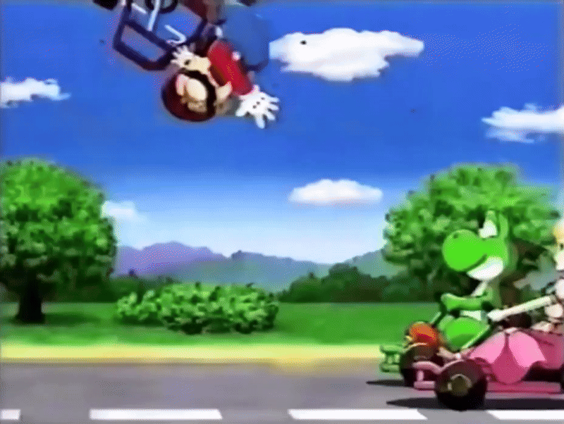 00s, 1girl, 2001, 2boys, animated, animated_gif, anime_screenshot, large_nose, blonde_hair, blue_eyes, blue_overalls, brown_shoes, buttons, cloud, cloudy_sky, colored_skin, crash, crown, dress, driving, elbow_gloves, facial_hair, flying, furry, furry_male, gloves, green_skin, happy, hat, kart, long_hair, long_sleeves, lowres, mario, mario_(series), mario_kart, mario_kart_super_circuit, multicolored_skin, multiple_boys, mustache, newsboy_cap, nintendo, open_mouth, orange_shoes, outdoors, overalls, pink_dress, princess_peach, racing, red_hat, red_shirt, reptile_boy, shirt, shoes, short_hair, sky, smile, tagme, tree, white_gloves, yoshi