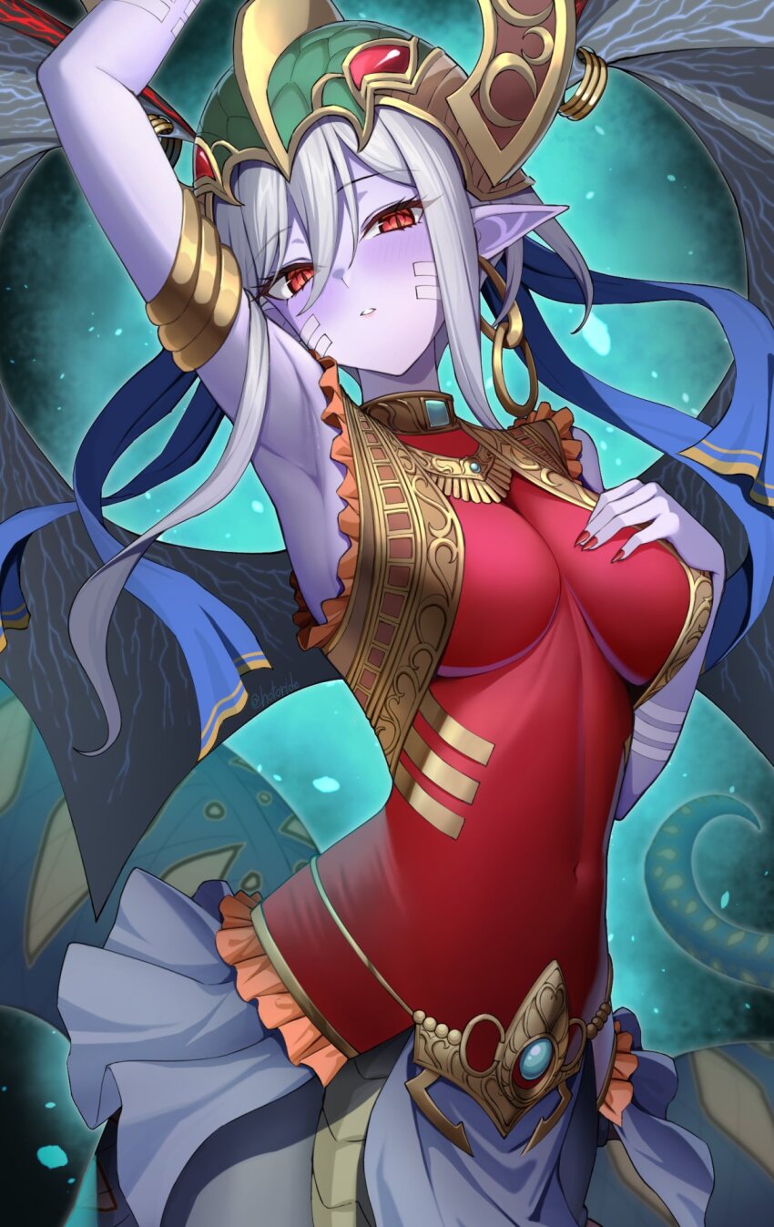 1girl, agibe, arm_up, armlet, armpits, bare_shoulders, blush, breasts, colored_skin, commentary_request, covered_navel, cowboy_shot, demon_wings, dress, duel_monster, earrings, facial_mark, fake_horns, grey_hair, hair_between_eyes, helmet, highres, hoop_earrings, horned_helmet, horns, jewelry, lamia, large_breasts, looking_at_viewer, monster_girl, parted_lips, pelvic_curtain, pointy_ears, purple_skin, red_dress, red_eyes, red_nails, reptilianne_echidna, short_hair_with_long_locks, sidelocks, sleeveless, sleeveless_dress, slit_pupils, solo, wings, yu-gi-oh!