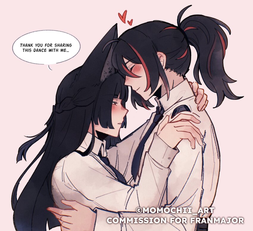 2girls, animal_ears, black_hair, black_necktie, blush, closed_eyes, closed_mouth, collared_shirt