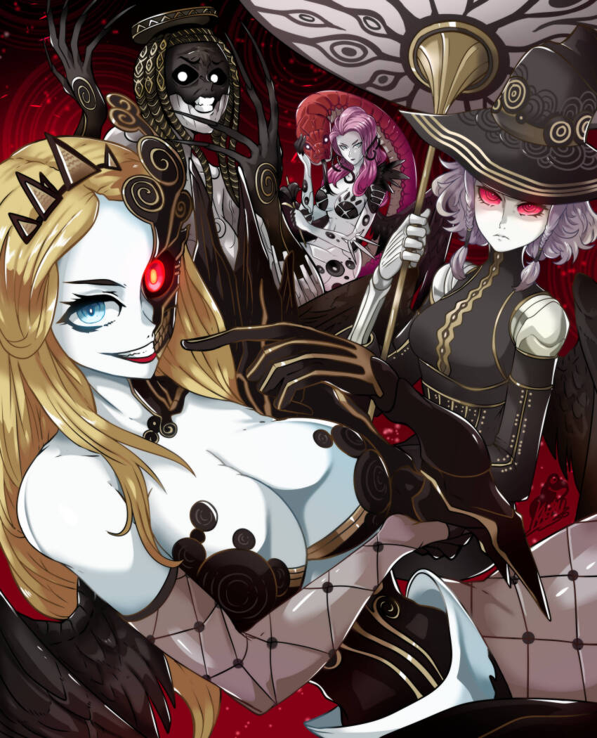 4girls, absurdres, agrat_bat_mahlat_(megami_tensei), black_flower, black_wings, blank_eyes, blonde_hair, blue_eyes