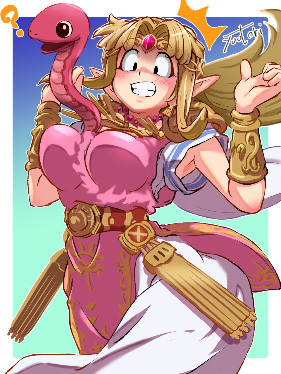 1girl, ?, artist_name, bead_necklace, beads, belt, between_breasts, blonde_hair, blue_background, blush, border, breasts, circlet, clenched_teeth, commentary_request, copy_ability, dress, earrings, gem, gold_bracer, gradient_background, green_background, hands_up, highres, jewelry, large_breasts, long_hair, mother_(series), mother_3, necklace, nintendo, outside_border, parted_bangs, pink_dress, pink_gem, pointy_ears, princess_zelda, rope_snake, shirt, snake, solo, super_smash_bros., teeth, the_legend_of_zelda, the_legend_of_zelda:_a_link_between_worlds, triforce, two-tone_dress, white_border, white_dress, you_bird