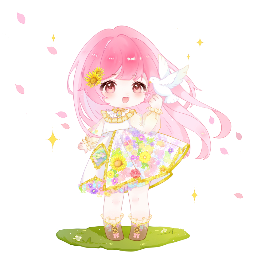 1girl, absurdres, bird, bird_on_hand, blunt_bangs, boots, bow, brown_boots, chibi, chinese_commentary, collared_shirt, commentary_request, diamond_(shape), dove, eyelashes, floating_clothes, floating_hair, floral_print, flower, footwear_bow, frilled_shirt_collar, frilled_sleeves, frilled_socks, frills, grass, hair_flower, hair_ornament, happy, high-waist_skirt, highres, knees, lace-up, light_blush, long_hair, long_sleeves, looking_at_animal, medium_skirt, nikki_(nikki), nikki_(series), on_ground, open_mouth, petals, pink_bow, pink_eyes, pink_hair, puffy_long_sleeves, puffy_sleeves, see-through_clothes, see-through_sleeves, shining_nikki, shirt, simple_background, skirt, smile, socks, solo, sparkle, standing, sunflower, tareme, very_long_hair, white_background, white_shirt, white_skirt, wind, yellow_flower, yellow_sleeves, yellow_socks, yuechuan_lingling