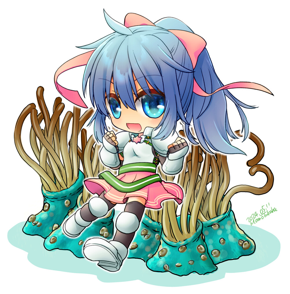 1girl, :d, armor, artist_name, belt, black_gloves, black_thighhighs, blue_eyes