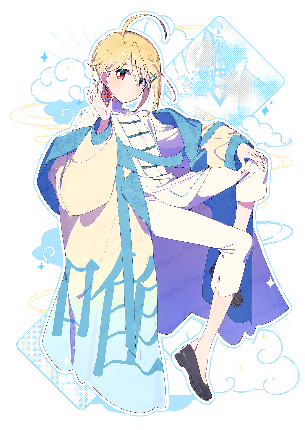1boy, adjusting_earrings, ahoge, alternate_costume, black_shoes, blonde_hair, blue_robe, bright_pupils