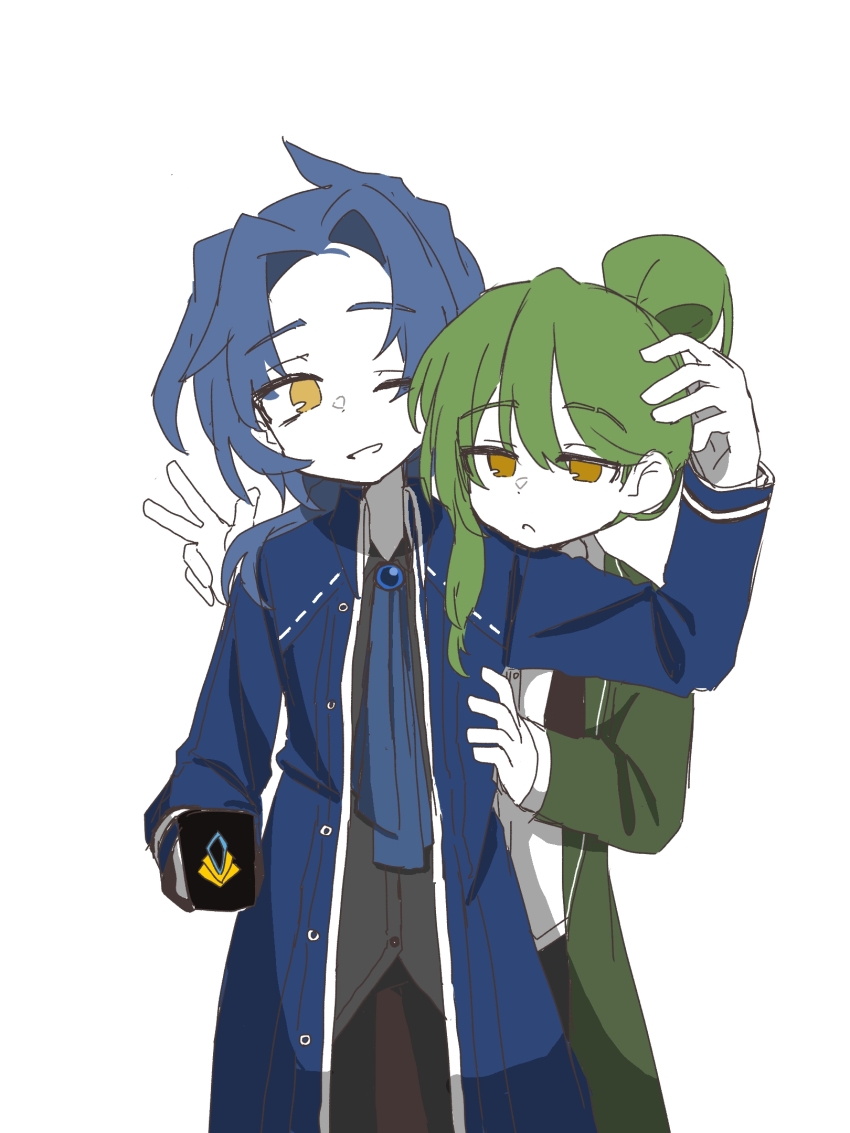2boys, :<, ascot, black_pants, black_shirt, blue_ascot, blue_coat, blue_hair