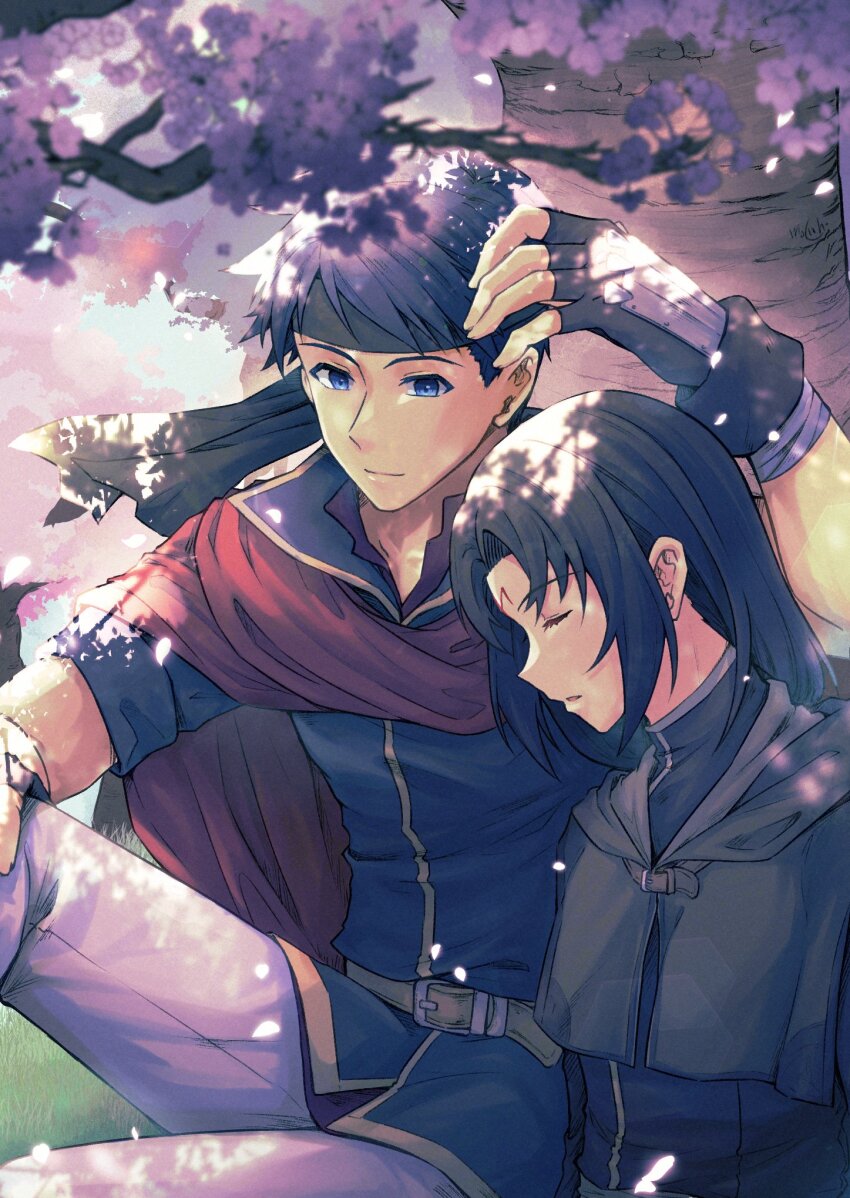 2boys, belt, black_capelet, black_hair, black_robe, blue_eyes, blue_hair, cape