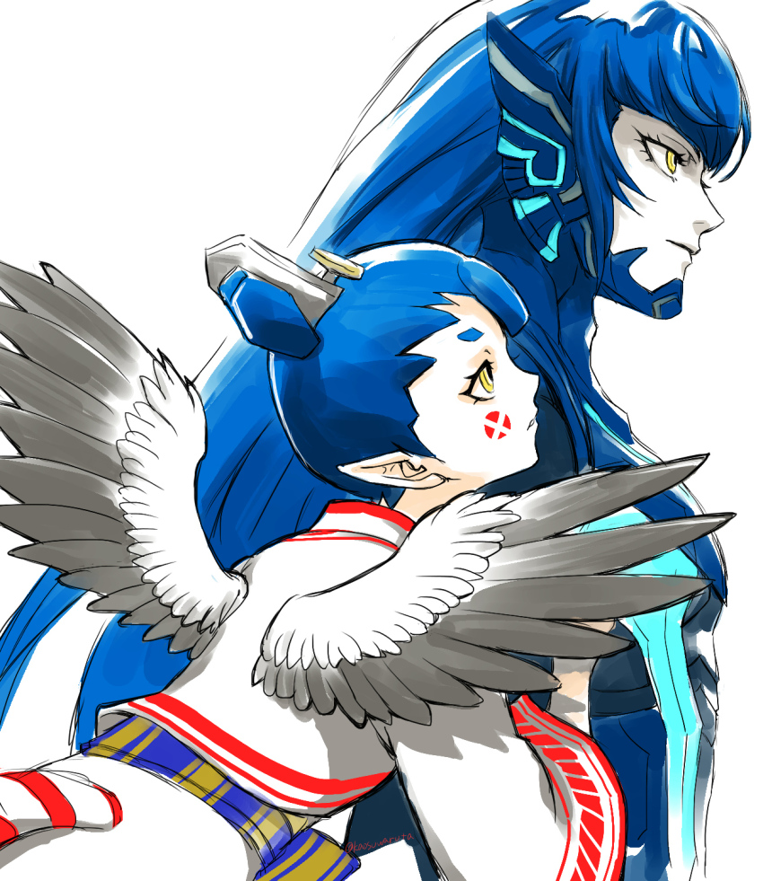 1boy, 1girl, amanozako_(megami_tensei), androgynous, blue_bodysuit, blue_hair, bodysuit, closed_mouth, commentary_request, demon_(megami_tensei), eyelashes, highres, kaosuwaruta, long_hair, pointy_ears, protagonist_(aogami_nahobino)_(smtv), protagonist_(smtv), shin_megami_tensei, shin_megami_tensei_v, short_hair, simple_background, white_background, wings, yellow_eyes