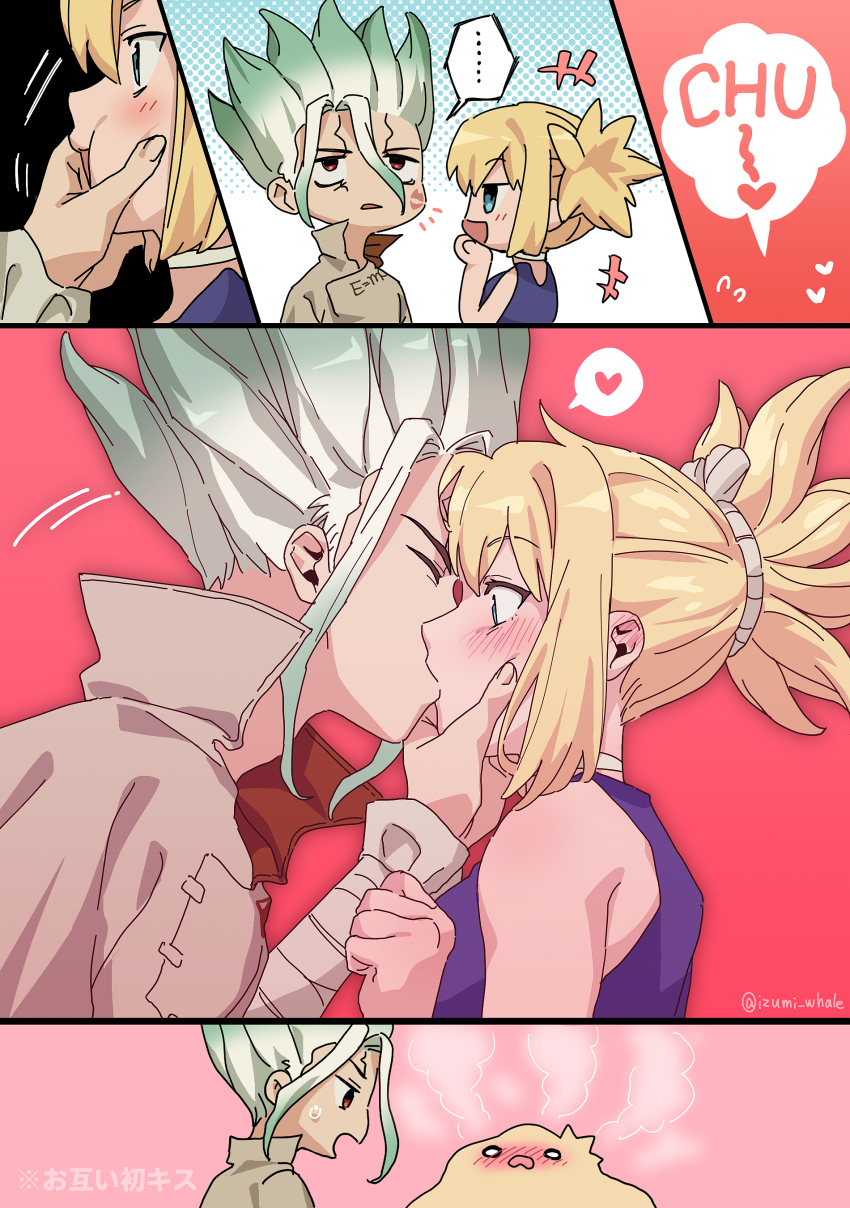 1boy, 1girl, absurdres, artist_name, blonde_hair, blush, dr._stone, embarrassed