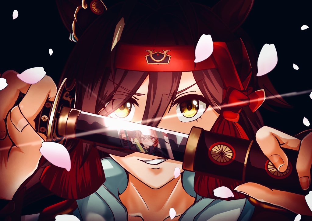 2girls, animal_ears, blunt_tresses, brown_hair, cherry_blossoms, ear_ornament, hair_between_eyes, headband