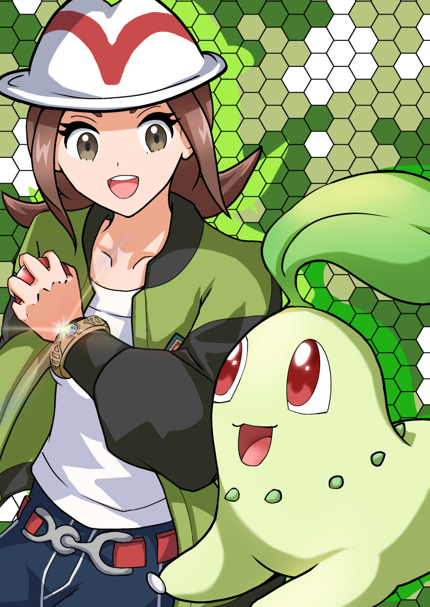 1girl, :d, absurdres, brown_eyes, brown_hair, chikorita, gen_2_pokemon, green_jacket, harmony_(pokemon), hat, highres, holding, holding_poke_ball, jacket, looking_at_another, maaaaaaaru, nintendo, open_clothes, open_jacket, open_mouth, poke_ball, pokemon, pokemon_(creature), pokemon_legends:_z-a, red_eyes, shirt, smile, white_hat, white_shirt