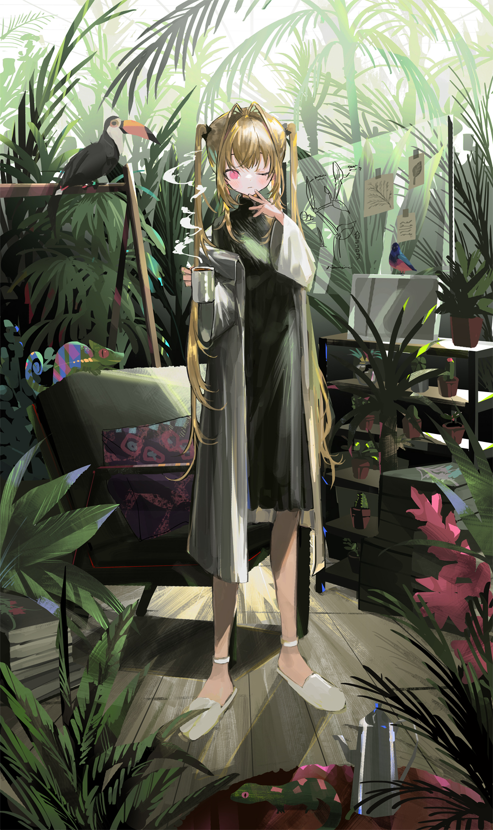 1girl, anklet, bird, black_nightgown, blonde_hair, blush, book, book_stack
