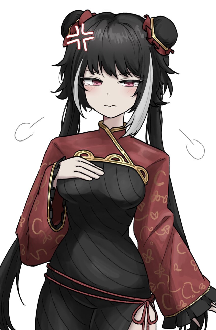 1girl, anger_vein, black_dress, black_hair, breasts, chinese_clothes, commentary, cowboy_shot