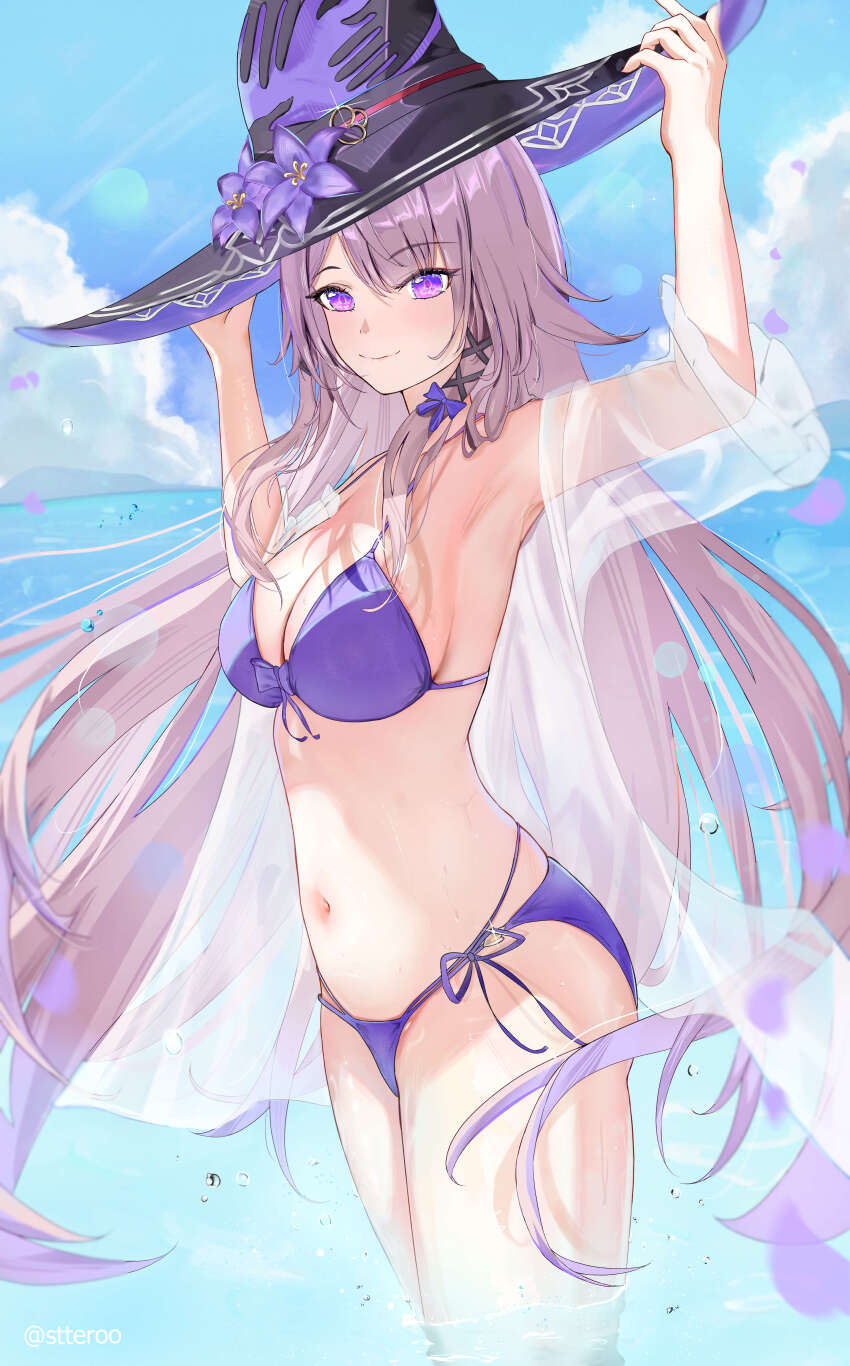 1girl, absurdres, beach, bikini, blue_bikini, blue_sky, blunt_bangs, breasts