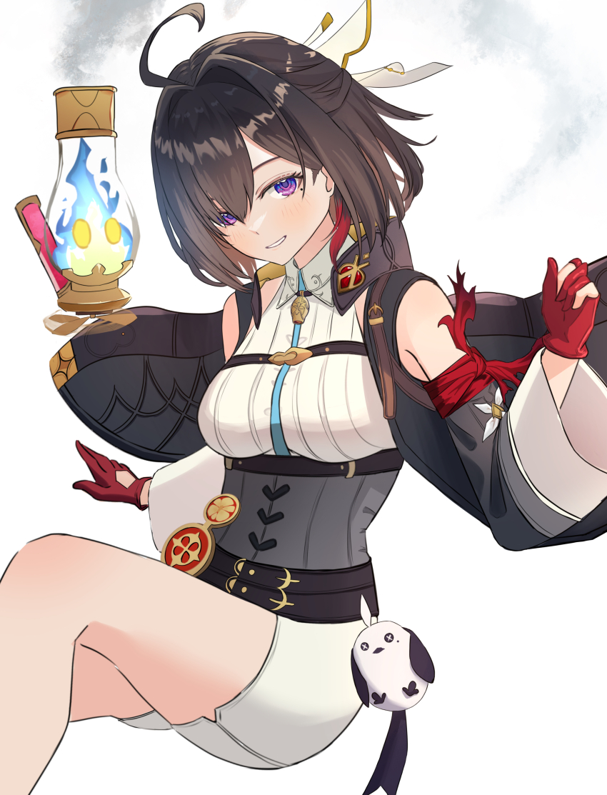 1girl, absurdres, ahoge, atelier_(series), atelier_yumia, between_breasts, black_hair, breasts, commentary_request, corset, dress, floating, gloves, grey_corset, hair_over_one_eye, highres, large_breasts, looking_at_viewer, medium_hair, mole, mole_under_eye, partially_fingerless_gloves, pencil_dress, purple_eyes, red_gloves, runoel_illust, simple_background, skirt, smile, solo, strap_between_breasts, white_background, white_dress, wide_sleeves, yumia_liessfeldt