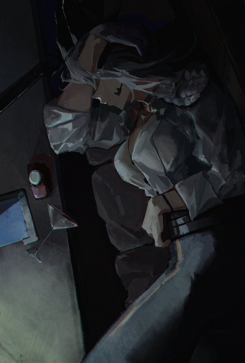 1girl, absurdres, black_gloves, black_horns, bracelet, breasts, cocktail_glass, couch