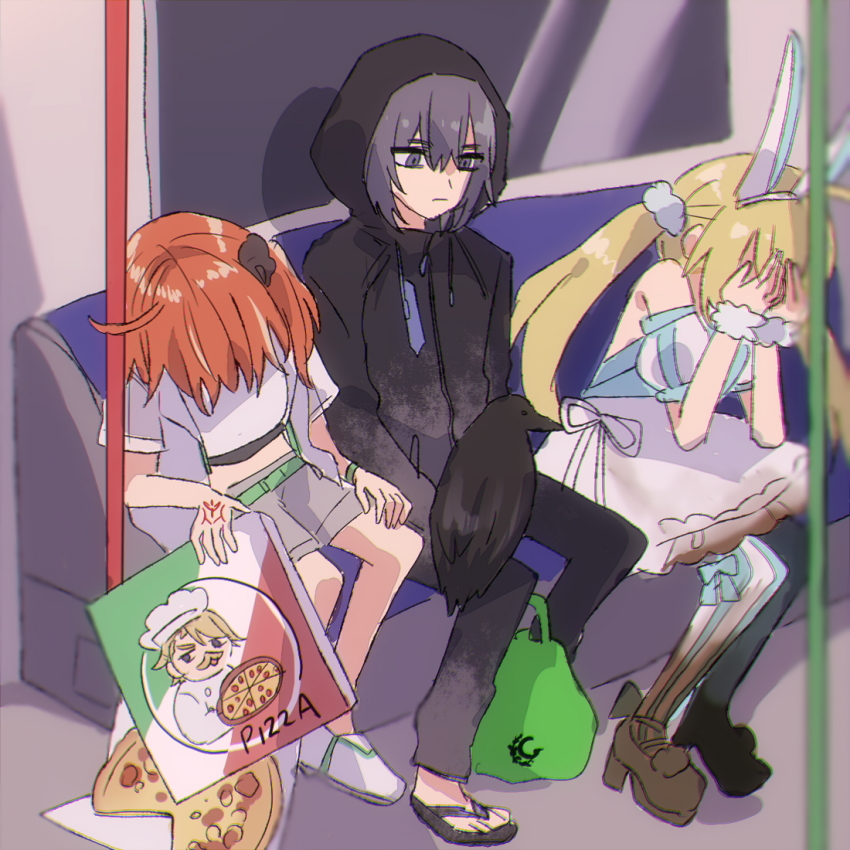 1boy, 2girls, ahoge, animal, animal_ear_hairband, animal_ears, animal_on_lap, artoria_caster_(fate)