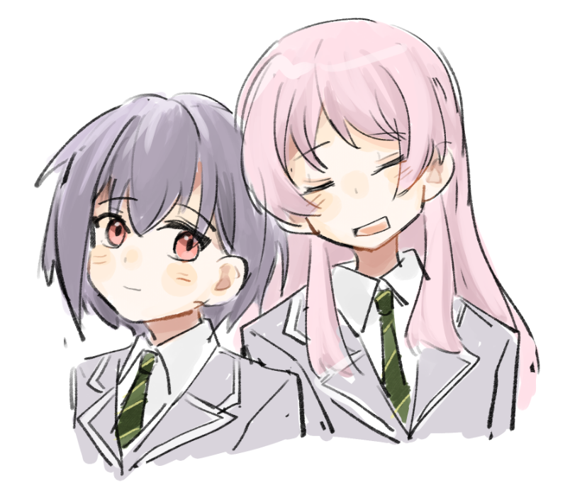 2girls, bang_dream!, bang_dream!_it's_mygo!!!!!, brown_eyes, chihaya_anon, closed_eyes, closed_mouth, collared_shirt