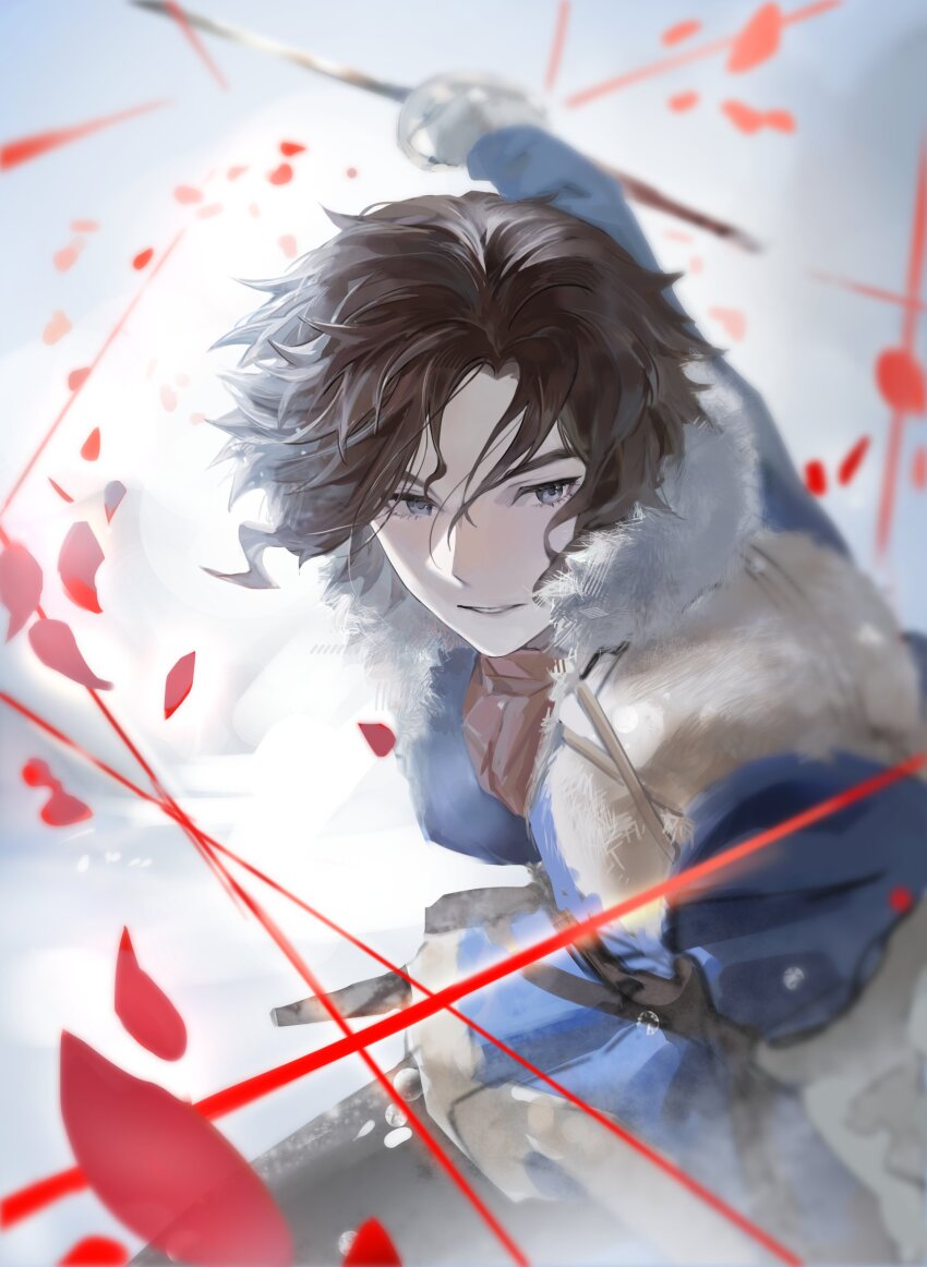 1boy, absurdres, blue_coat, blue_eyes, brown_hair, coat, fur-trimmed_coat, fur_trim, hair_between_eyes, hashtag-only_commentary, highres, lies_of_p, lies_of_p:_overture, male_focus, nell_ro, petals, pinocchio_(lies_of_p), red_petals, short_hair, smile, solo, standing