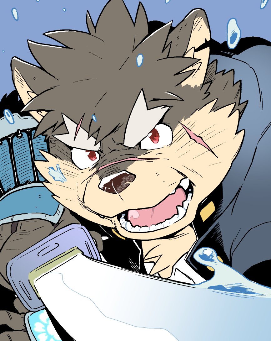 1boy, animal_ears, blue_background, brown_fur, commentary_request, dog_boy, dog_ears, animal_nose, facial_scar, fangs, floral_print, furry, furry_male, gauntlets, holding, holding_sword, holding_weapon, katana, kira_nerisu, looking_at_viewer, male_focus, moritaka_(housamo), notched_ears, open_mouth, peony_print, red_eyes, scar, scar_across_eyebrow, scar_on_cheek, scar_on_face, scar_on_nose, school_uniform, sword, tokyo_houkago_summoners, water, weapon