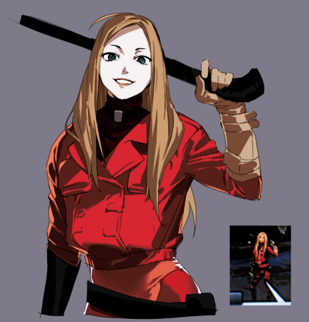 1girl, arm_up, brown_hair, chinese_commentary, commentary_request, game_screenshot_inset, green_eyes, grey_background