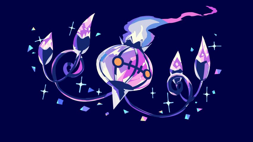 absurdres, blue_background, blue_fire, chandelier, chandelure, commentary, fire, gen_5_pokemon, highres, nama86, nintendo, no_humans, pokemon, pokemon_(creature), purple_fire, simple_background, sparkle, yellow_eyes