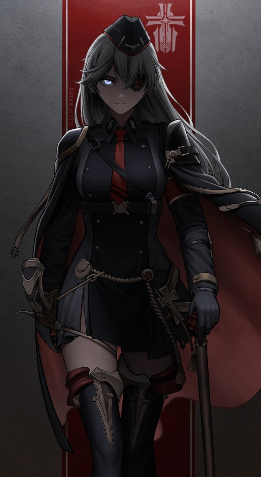 1girl, artist_name, azur_lane, black_gloves, black_hat, blue_eyes, buttons, cape