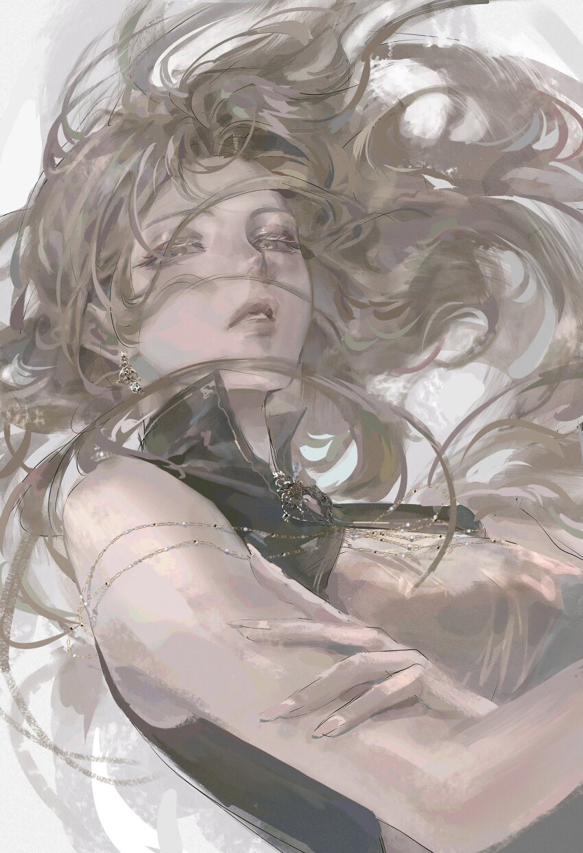 absurdres, blonde_hair, clothing_cutout, crossed_arms, curly_hair, ea_ateu, half-closed_eyes, highres