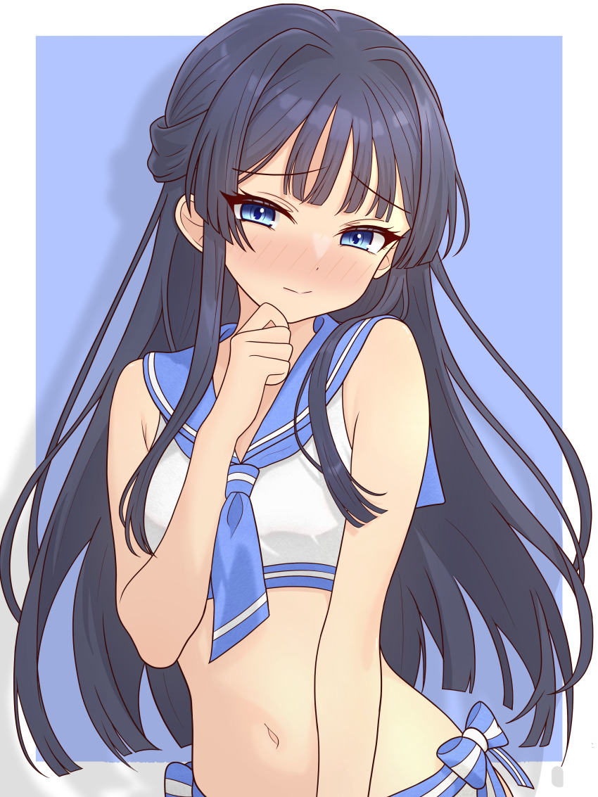 1girl, 82k_mugi, absurdres, bikini, black_hair, blue_sailor_collar, blush, border