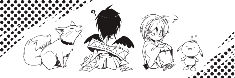 2boys, 2girls, ?, aged_down, animal, animal_ears, child, closed_eyes, collar, creature, earthworm, fox, fox_ears, fox_tail, from_behind, frown, full_body, happy, haruka_(tactics), hugging_own_legs, ichinomiya_kantarou, japanese_clothes, jitome, kimono, kitsune, knees_up, medium_hair, messy_hair, monochrome, multiple_boys, multiple_girls, muu-chan, sanpaku, short_hair, sitting, smile, sulking, tactics, tail, tengu, traditional_youkai, unhappy, wings, worm, youko_(tactics), yuki_(hello_idiot)