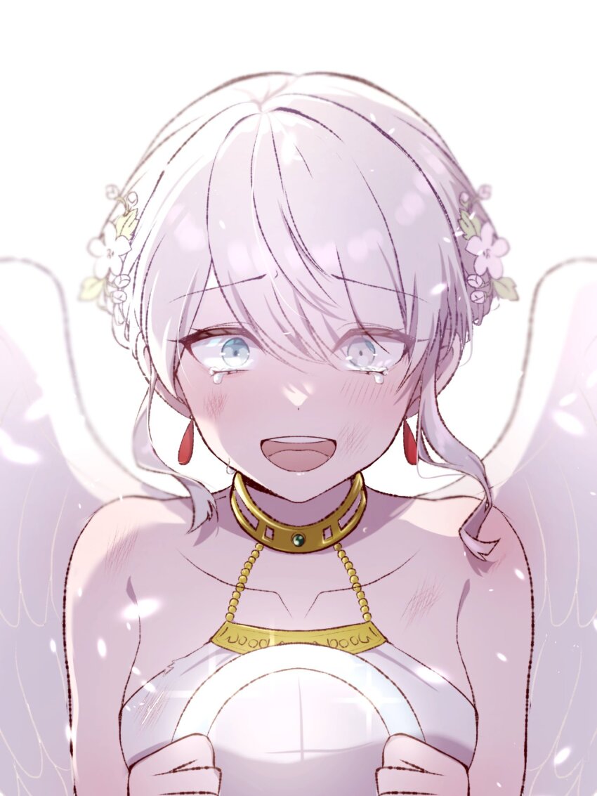 1girl, angel, angel_wings, aqua_eyes, bare_shoulders, blurry, collarbone, commentary_request