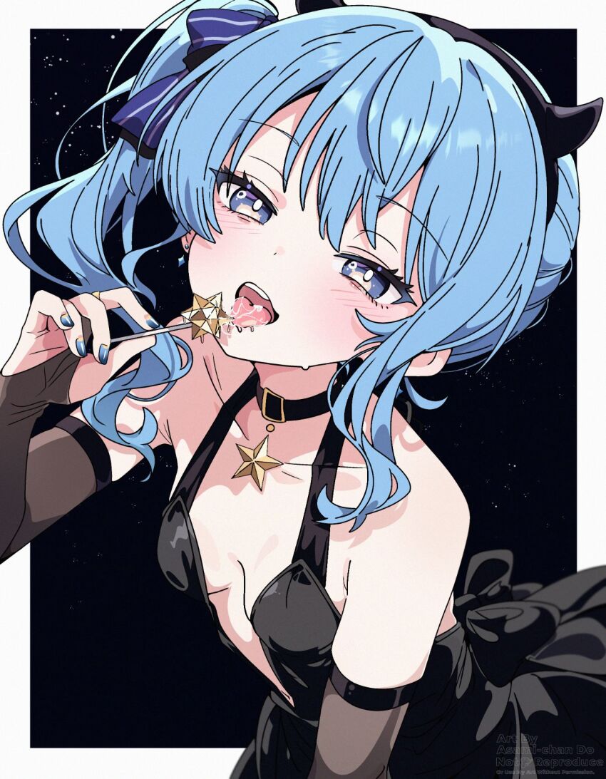 ai-assisted, asami-chan, bare_shoulders, belt_collar, black_dress, blue_eyes, blue_hair, blue_nails, breasts, breasts_apart, bridal_gauntlets, bright_pupils, candy, collar, collarbone, demon_horns, dress, fake_horns, food, highres, hololive, horns, hoshimachi_suisei, leaning_forward, licking, lollipop, looking_at_viewer, outside_border, pinstripe_bow, plunging_neckline, side_ponytail, sidelocks, simple_background, small_breasts, star_pendant, third-party_edit, tongue, tongue_out, upper_body, virtual_youtuber
